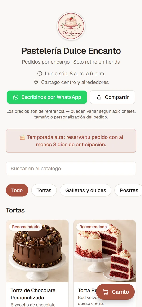 Catálogo público de una pastelería, por categorías
