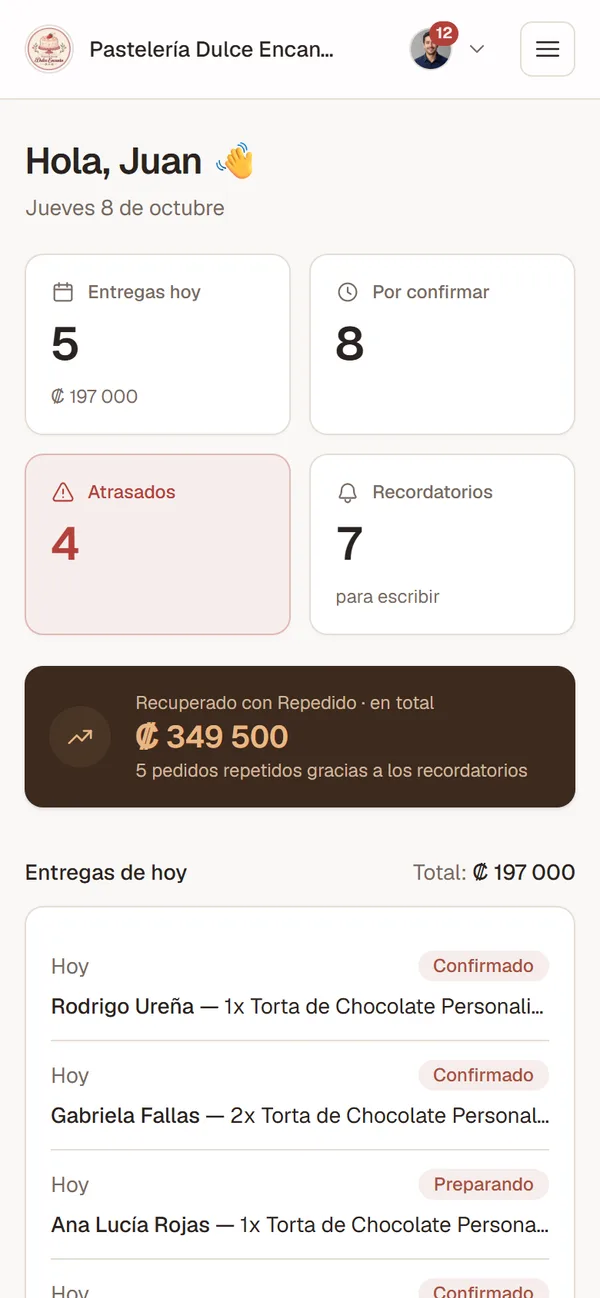 Panel de inicio con entregas de hoy, pedidos por confirmar y atrasados