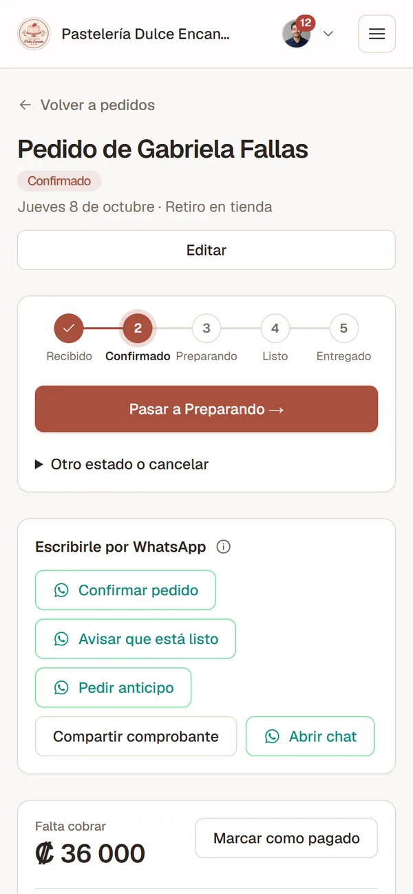 Detalle de un pedido con su avance y los mensajes de WhatsApp
