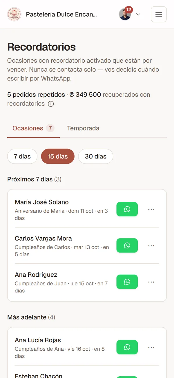 Recordatorios de cumpleaños y aniversarios de clientes